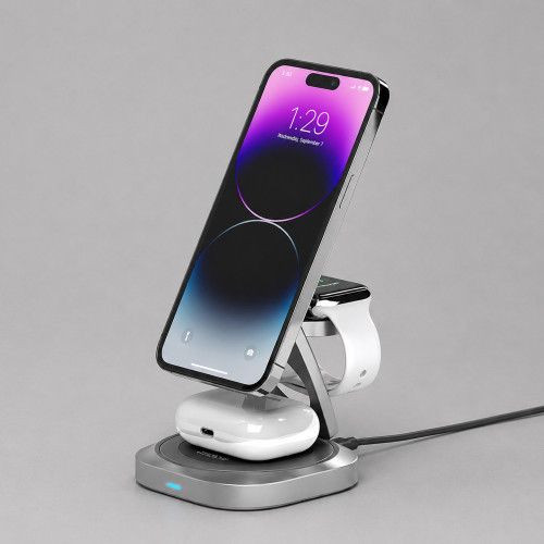 Беспроводная зарядная станция 3 в 1 QI2.2 Fold Power, Серая, Deppa Беспроводная зарядная станция 3 в 1 QI2.2 Fold Power, Серая, Deppa